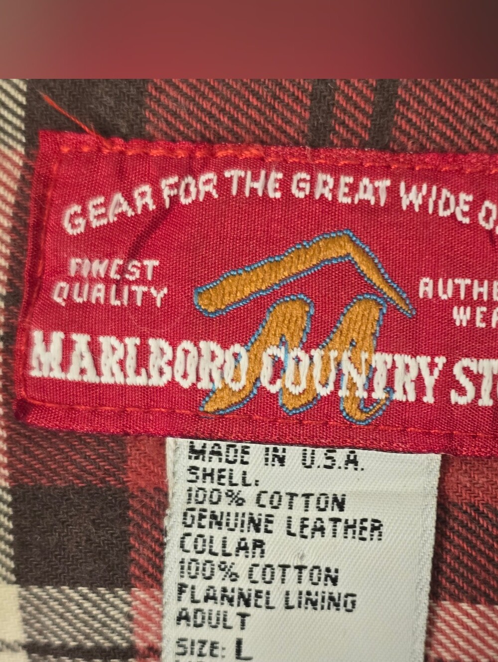 Vtg 90s Marlboro Country Store Denim Jacket Leather Collar Plaid Lined Size L - Picture 2 of 3